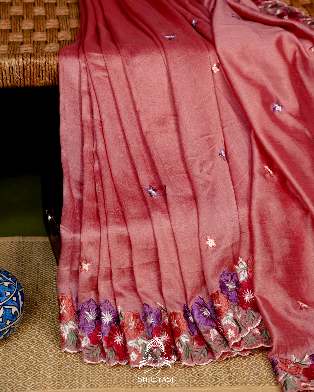 Tussar Silk Saree with Resham Floral Embroidery Border