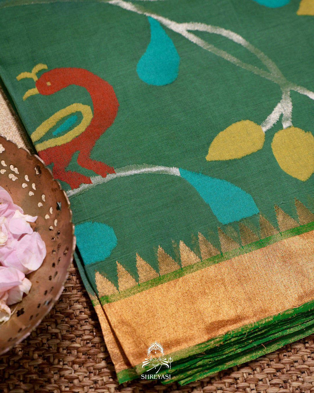 Handwoven Pure Ponduru Khadi Jamdani Saree with All-Over Peacock Vine Weave
