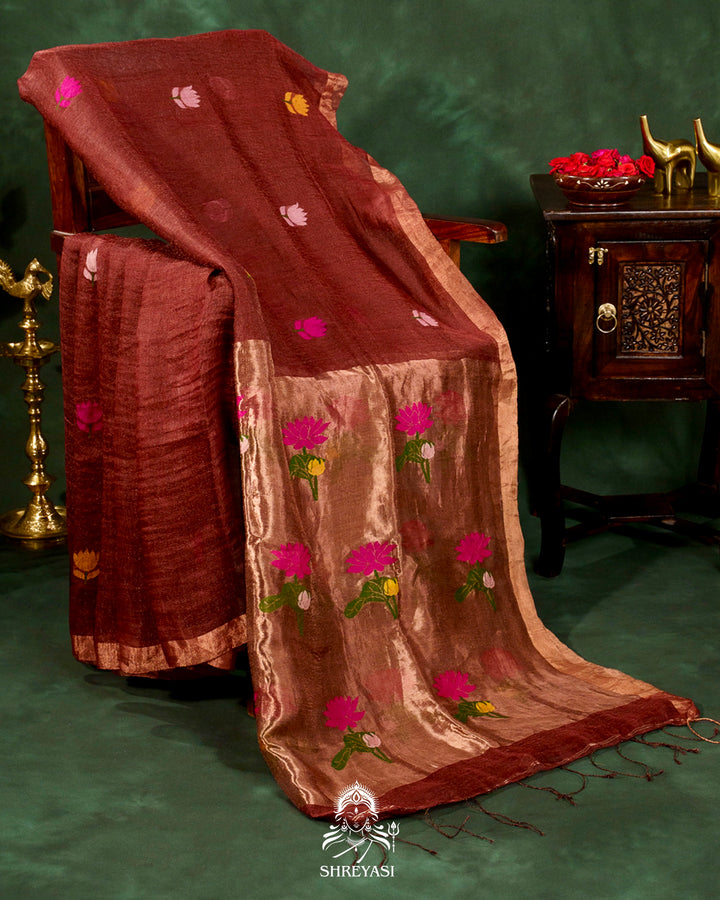 Handloom Silk Linen Jamdani Saree with Tissue Paithani Pallu