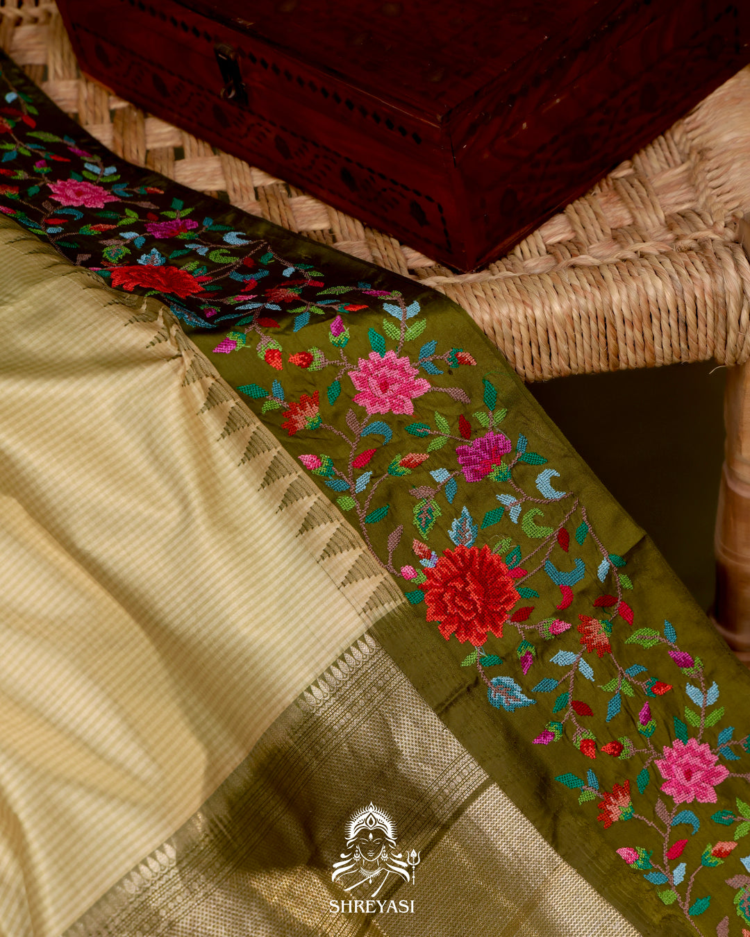Kanjivaram Silk Saree with Petit Point Embroidered Borders