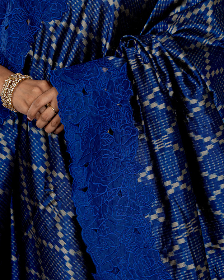 Handloom Pure Patola Silk Saree with Scalloped Floral Appliqué Embroidered Borders
