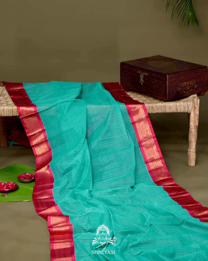 Handloom Pure Gadwal Cotton Saree with Contrast Silk Border and Zari Pallu