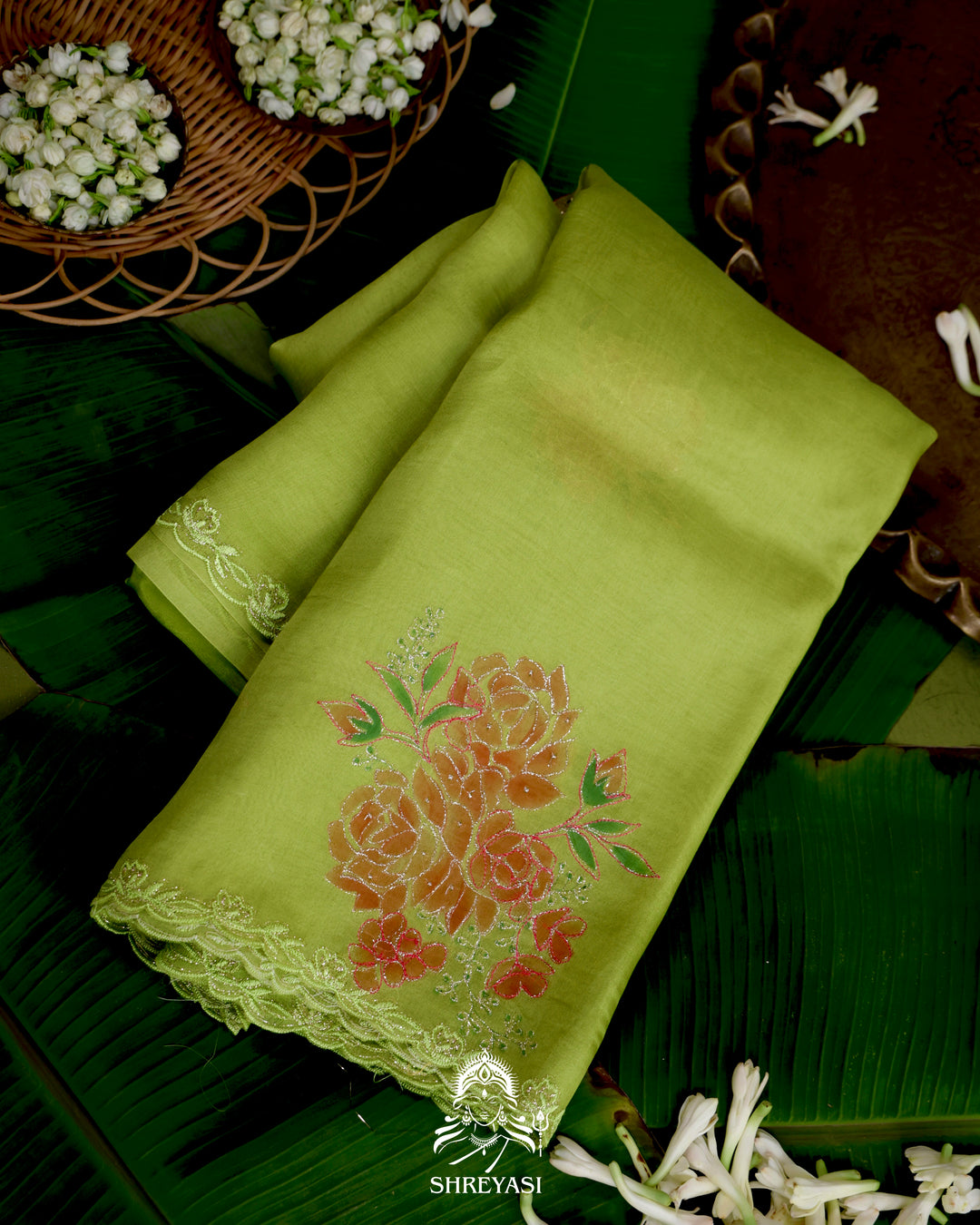 Hand Painted Floral Pure Organza Silk Saree with Pita Embroidery