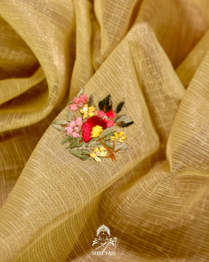 Tissue Linen Saree with Resham Floral Embroidery