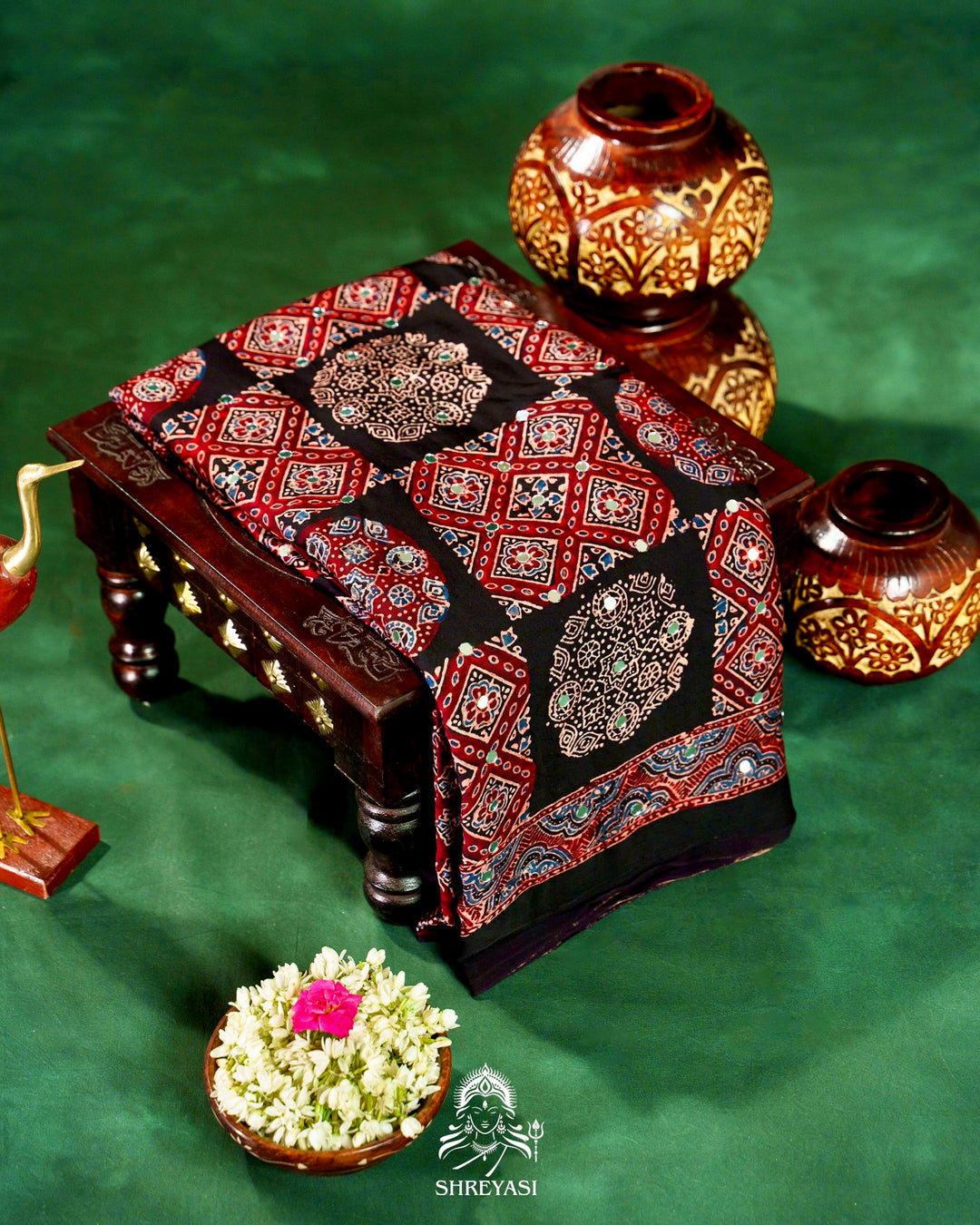 Mirror Work Pure Modal Silk Ajrakh Hand Block Printed Saree | Naturally Dyed Artisan Collection