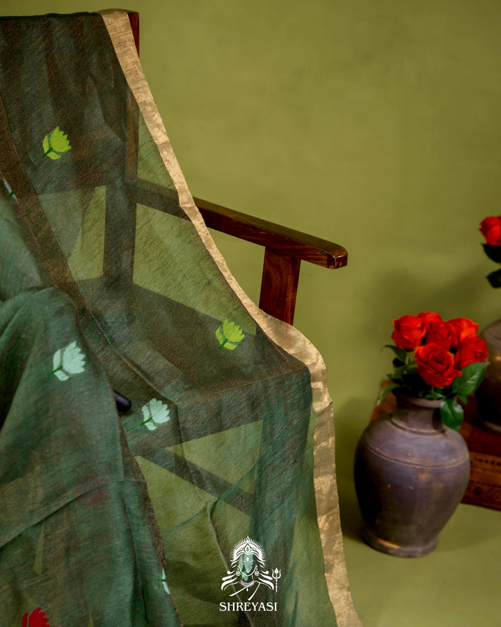 Handloom Silk Linen Jamdani Saree with Tissue Paithani Pallu