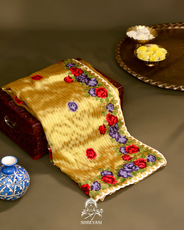 Chanderi Tissue Saree with Pita & Thread Floral Embroidery