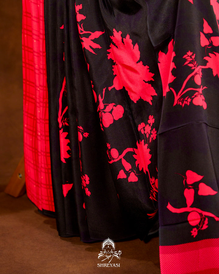 Pure Crepe Floral Saree in Black and Scarlet Red