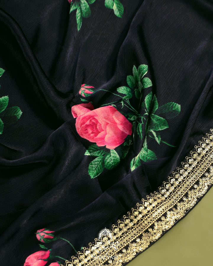 Black Chinon Satin Floral Saree with Embroidered Border