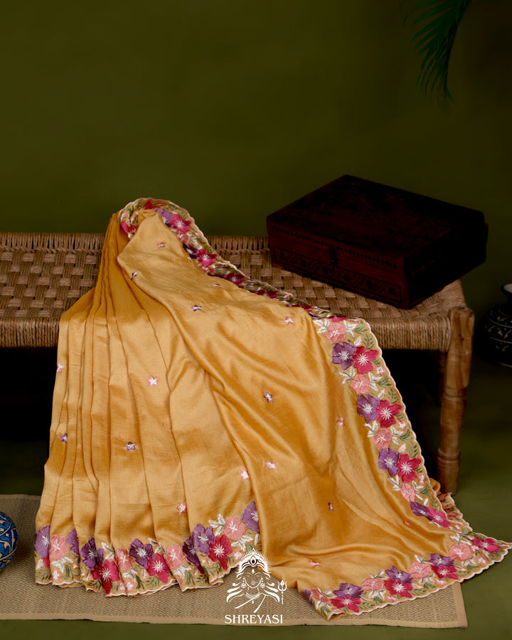 Tussar Silk Saree with Resham Floral Embroidery Border