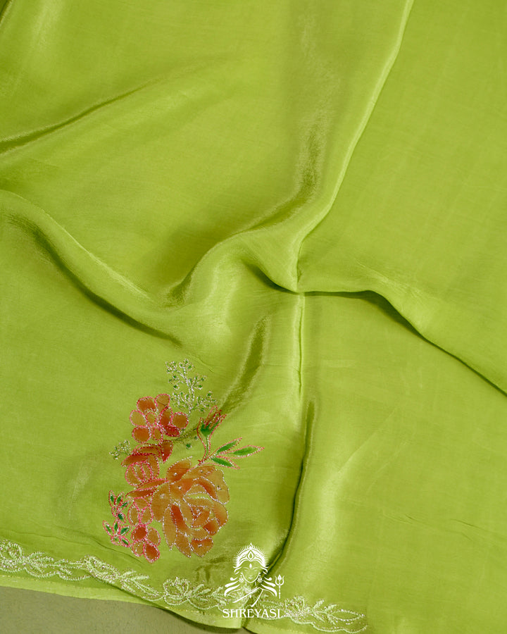 Hand Painted Floral Pure Organza Silk Saree with Pita Embroidery
