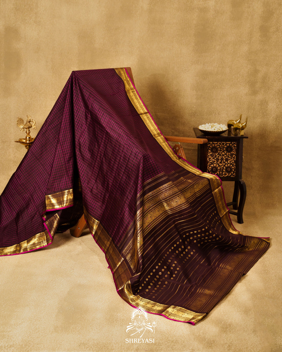 Vintage Style Kanjivaram Silk Saree with Kattam Checks & Small Borders