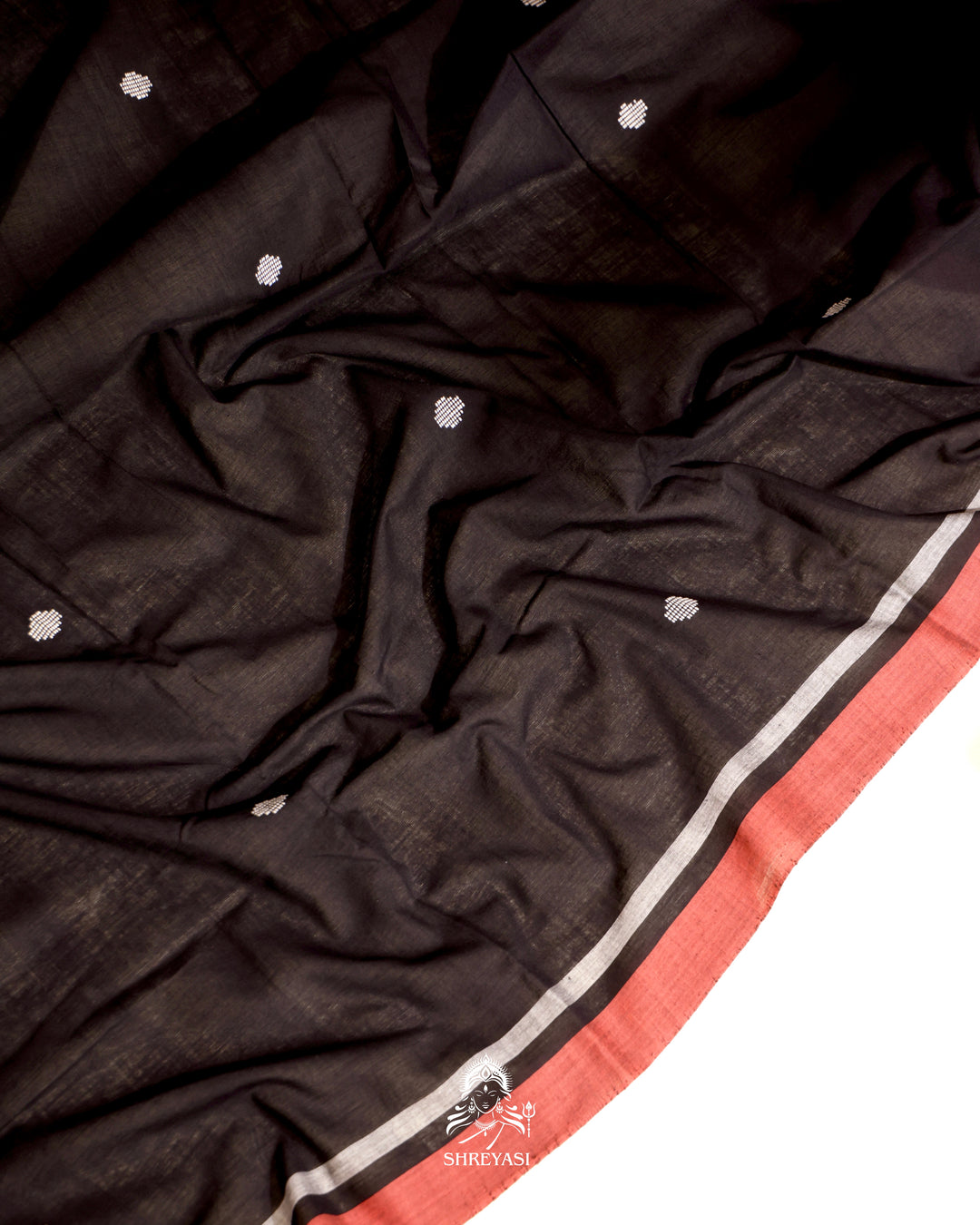 Handloom Bawan Buta cotton saree featuring traditional Jamdani woven motifs and contrast borders