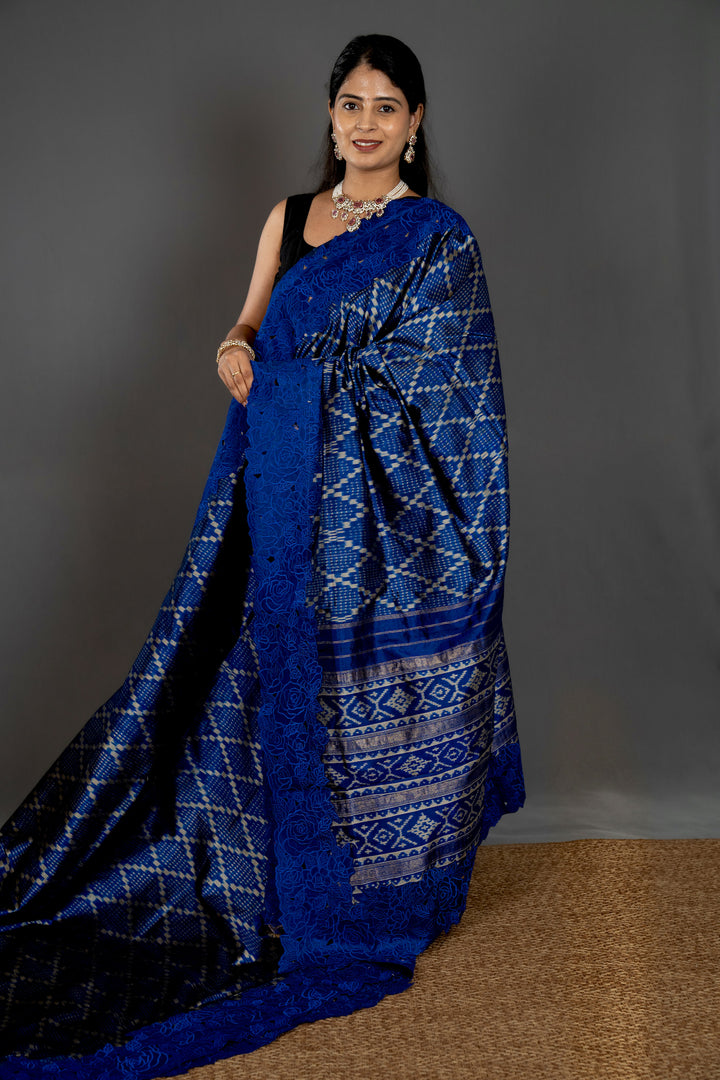 Handloom Pure Patola Silk Saree with Scalloped Floral Appliqué Embroidered Borders