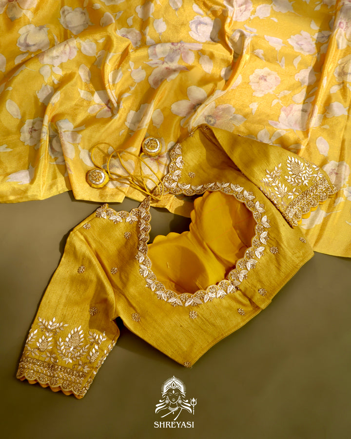 Yellow Floral Banarasi Ektara Tissue Silk Saree with Embroidered Blouse