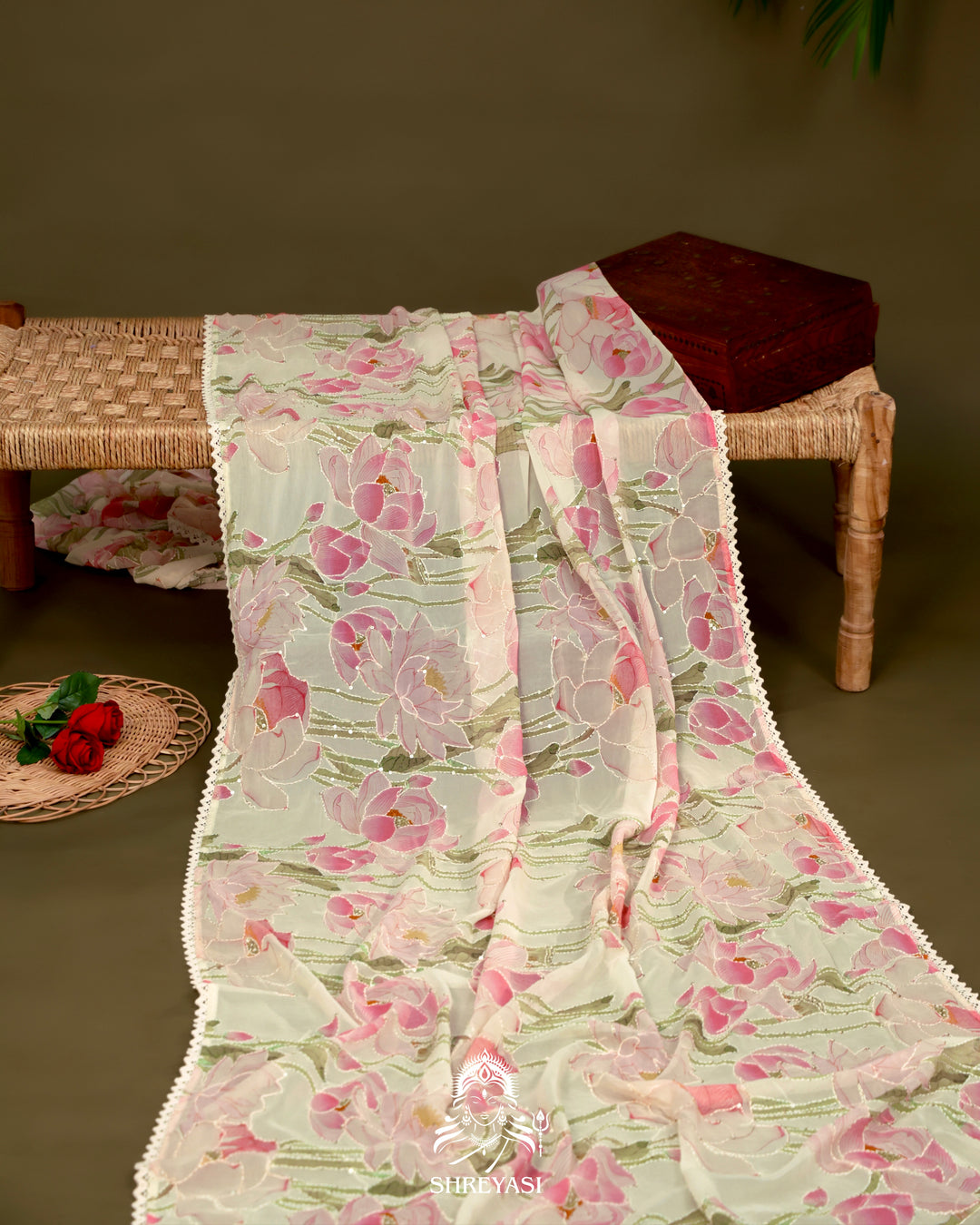 Pure Georgette Floral Saree with Thread Embroidery and Micro Sequins