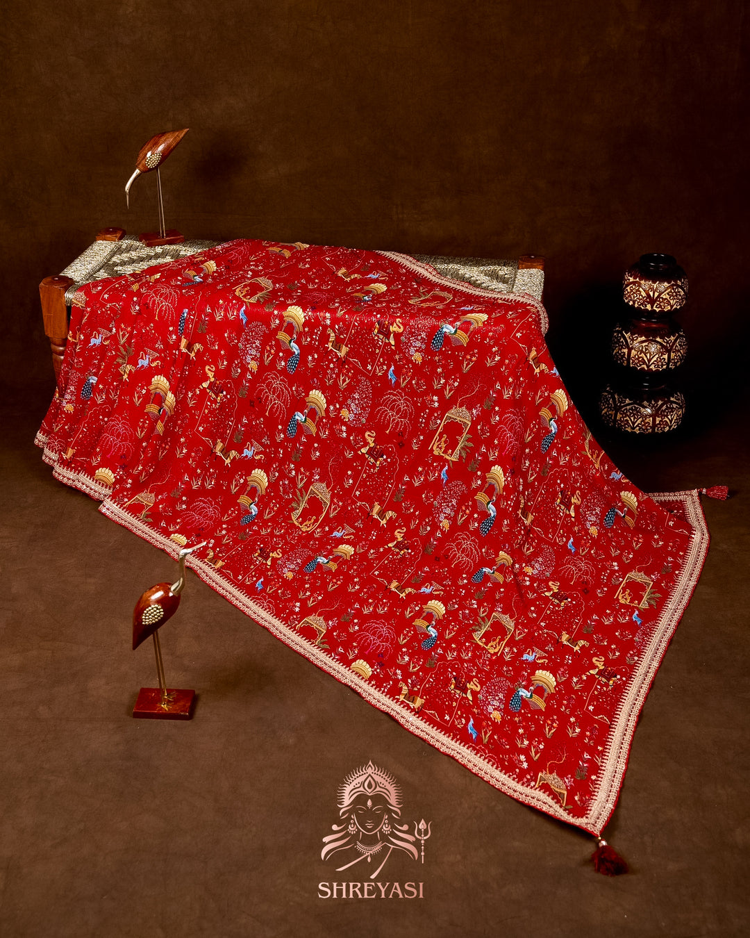 Mughal Garden Print Crepe Chinon Saree with Embroidered Border