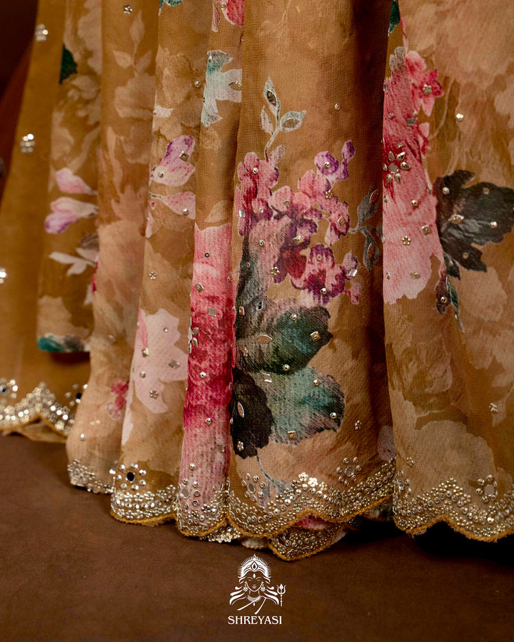 Hand Embellished Pure Georgette Floral Saree in Mocha Beige