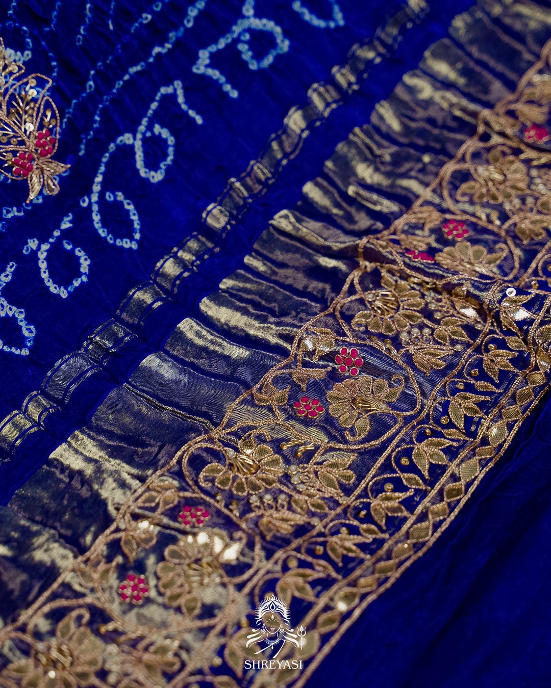Handloom Pure Gaji Silk Gharchola Bandhej Saree with Multicolor Bandhani, Multicolor Pallu & Handcrafted Gota Patti Borders