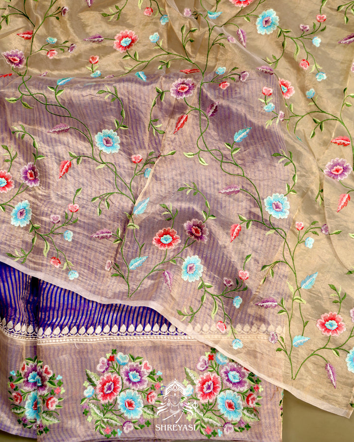 Handloom Banarasi Tissue Stripe Silk Saree with Satin Stitch Floral Embroidered Borders