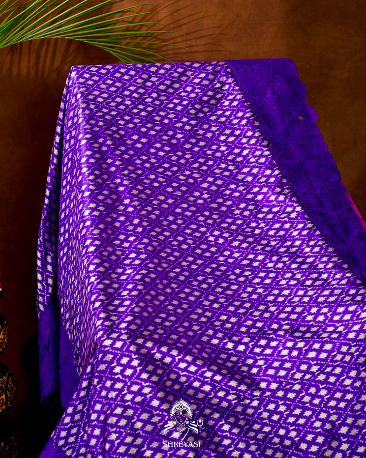 Handloom Pure Patola Silk Saree with Scalloped Floral Appliqué Embroidered Borders
