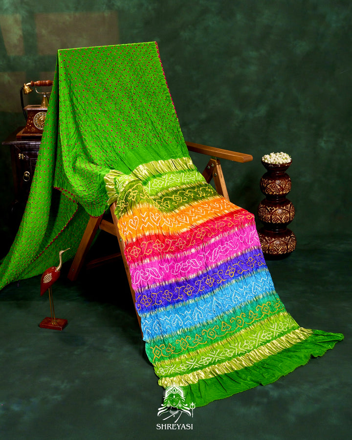 Handloom Pure Bandhani Gaji Silk Saree with Hand-Knotted Bandhej and Multicolored Bandhani Pallu
