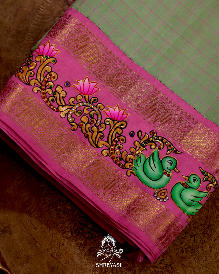 Handloom Pure Kanjivaram Silk Saree in Real Zari with Tanjore Annapakshi and Kamalam Artwork
