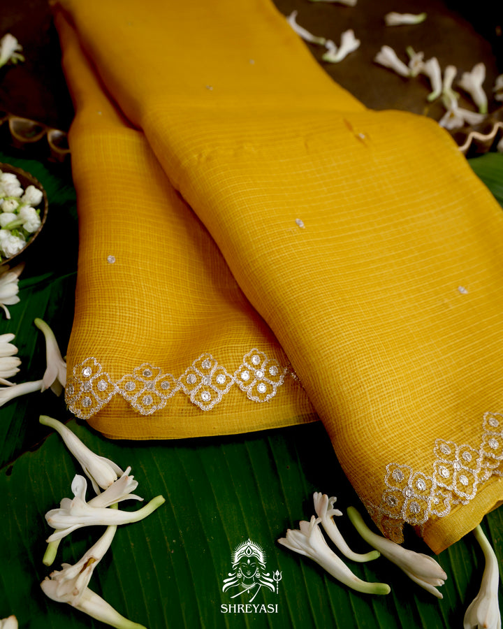Handloom Pure Tussar Kota Saree with Scalloped Pitta Embroidery Border