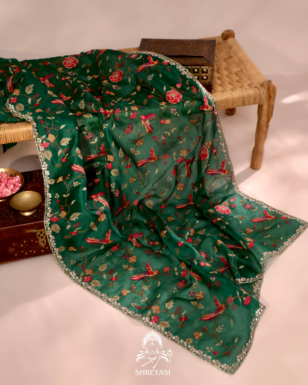Organza Silk Saree with All-Over Petit Point Embroidery and Gotapatti Border