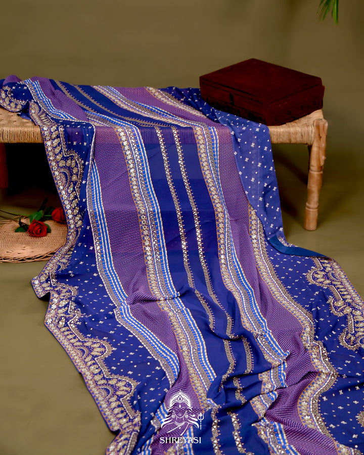 Georgette Cocktail Saree with Mukaish and Zardozi Mirror Embroidery