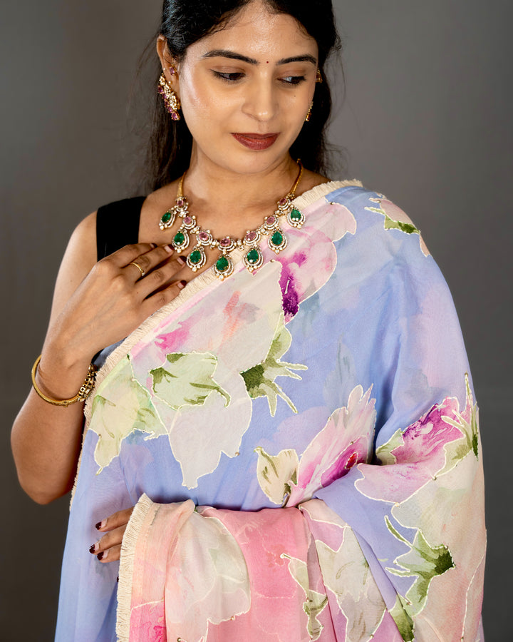 Pure Georgette Floral Saree with Thread Embroidery and Micro Sequins