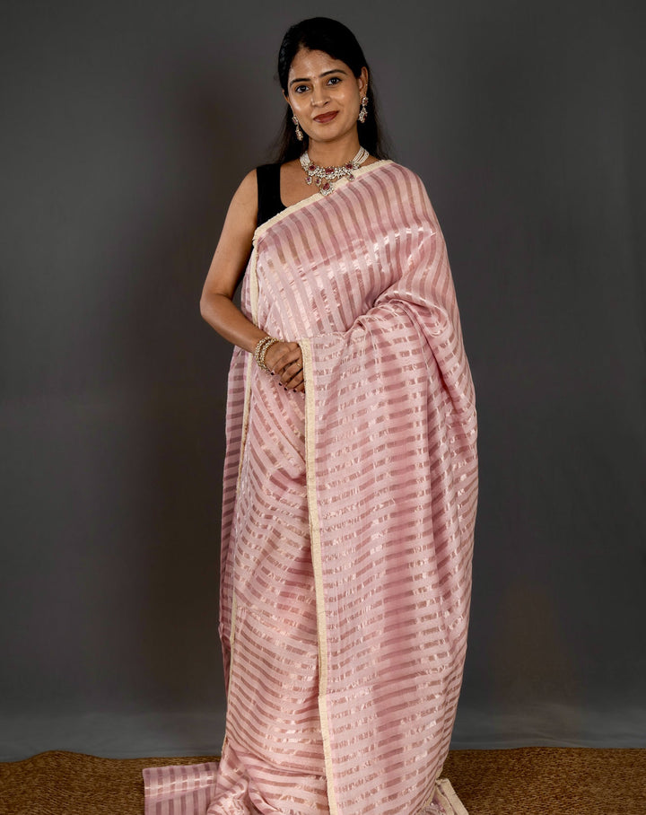 Handloom Pure Chanderi Silk Saree in Blush Pink with Silver Zari Stripes and Embroidered Floral Blouse
