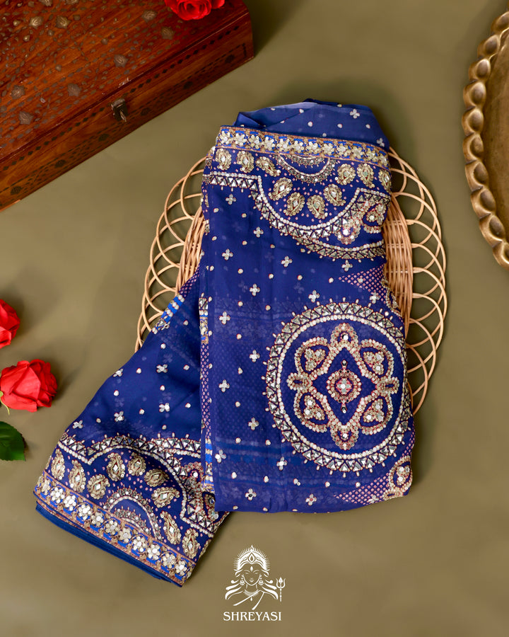 Georgette Cocktail Saree with Mukaish and Zardozi Mirror Embroidery
