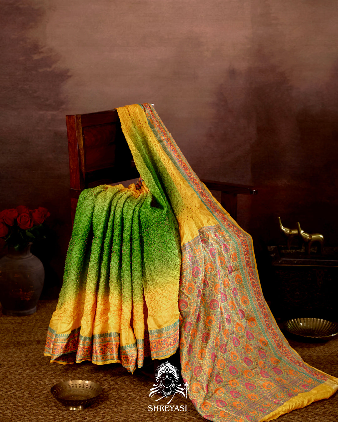 Hand Knotted Bandhej Tussar Silk Saree with Meenakari Weaving