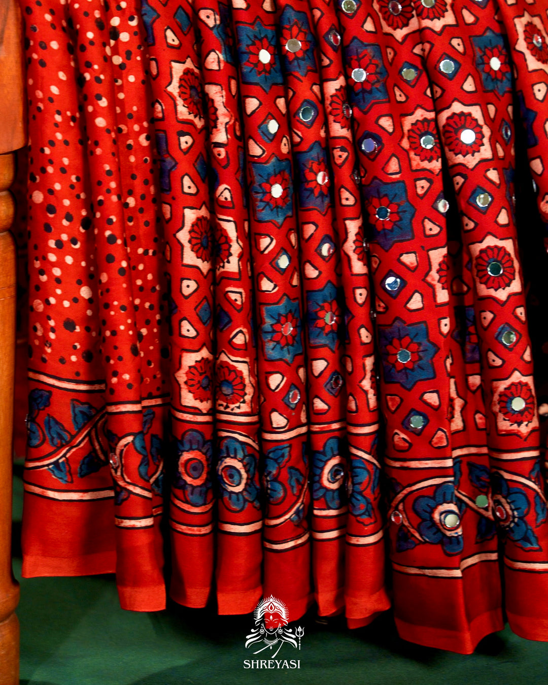 Mirror Work Pure Modal Silk Ajrakh Hand Block Printed Saree | Naturally Dyed Artisan Collection