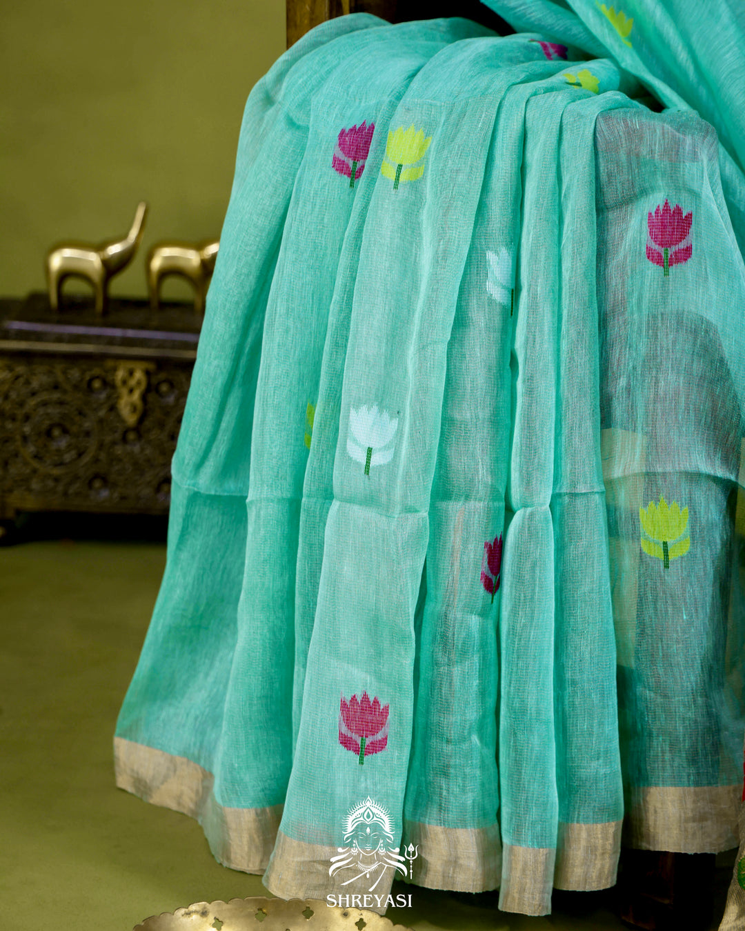 Handloom Silk Linen Jamdani Saree with Tissue Paithani Pallu