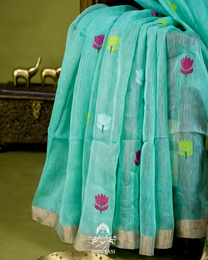 Handloom Silk Linen Jamdani Saree with Tissue Paithani Pallu