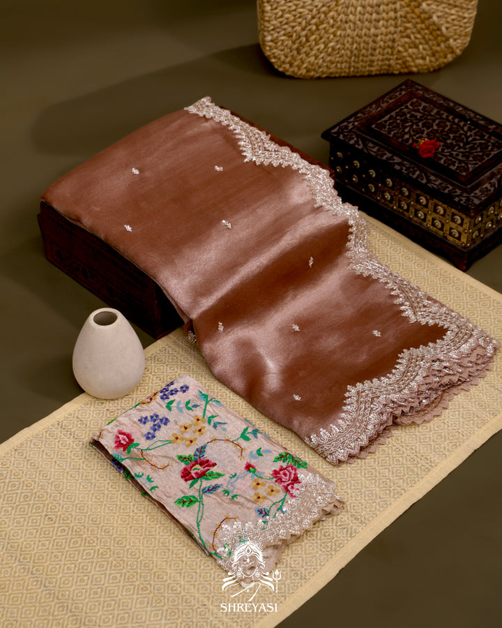 Tissue Silk Saree with Scallop Hand Embroidered Borders and Petit Point Embroidered Blouse