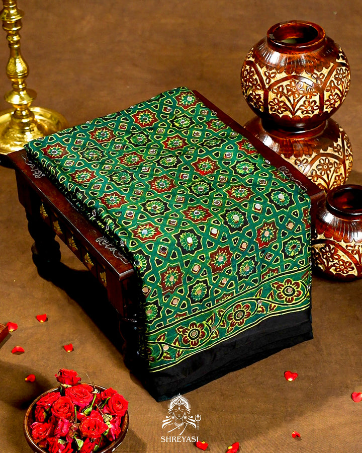 Mirror Work Pure Modal Silk Ajrakh Hand Block Printed Saree | Naturally Dyed Artisan Collection