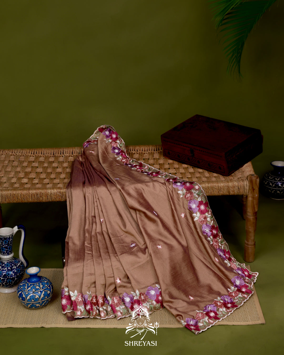 Tussar Silk Saree with Resham Floral Embroidery Border