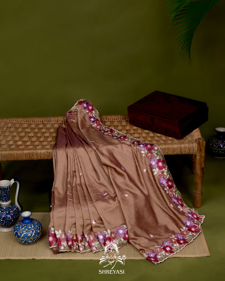 Tussar Silk Saree with Resham Floral Embroidery Border