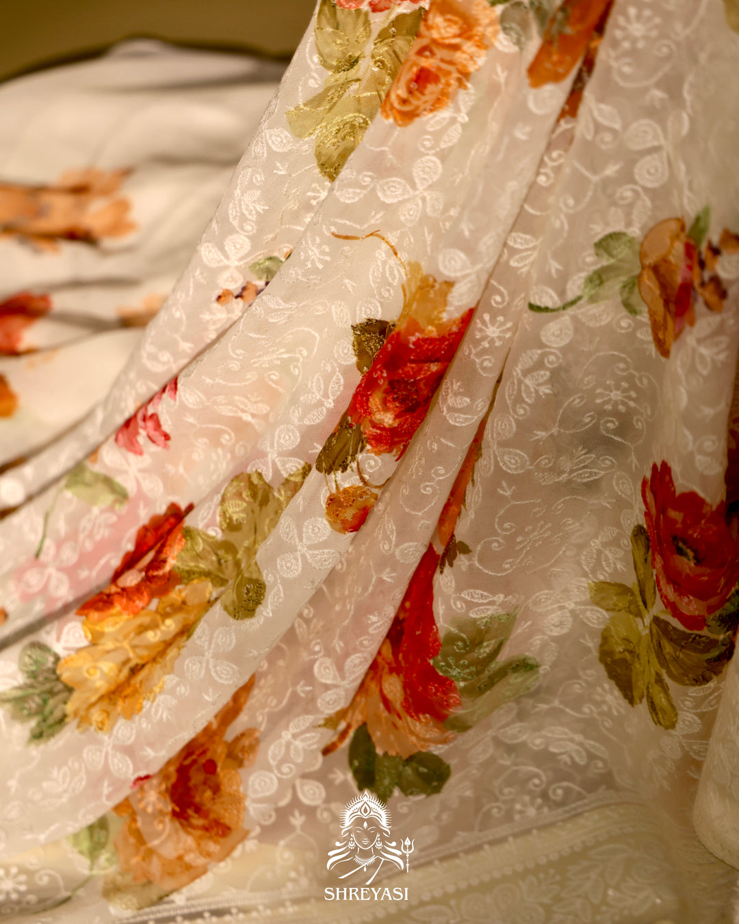 Georgette floral saree with chikankari embroidery