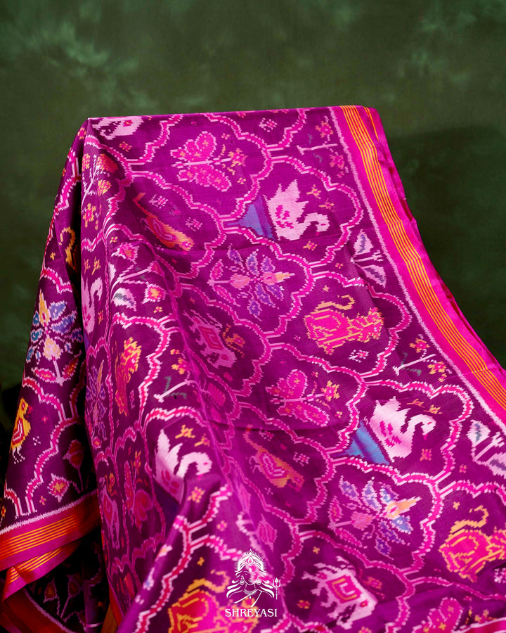 Handloom Rajkot Patola Silk Saree in Purple with Multicolor Ikat