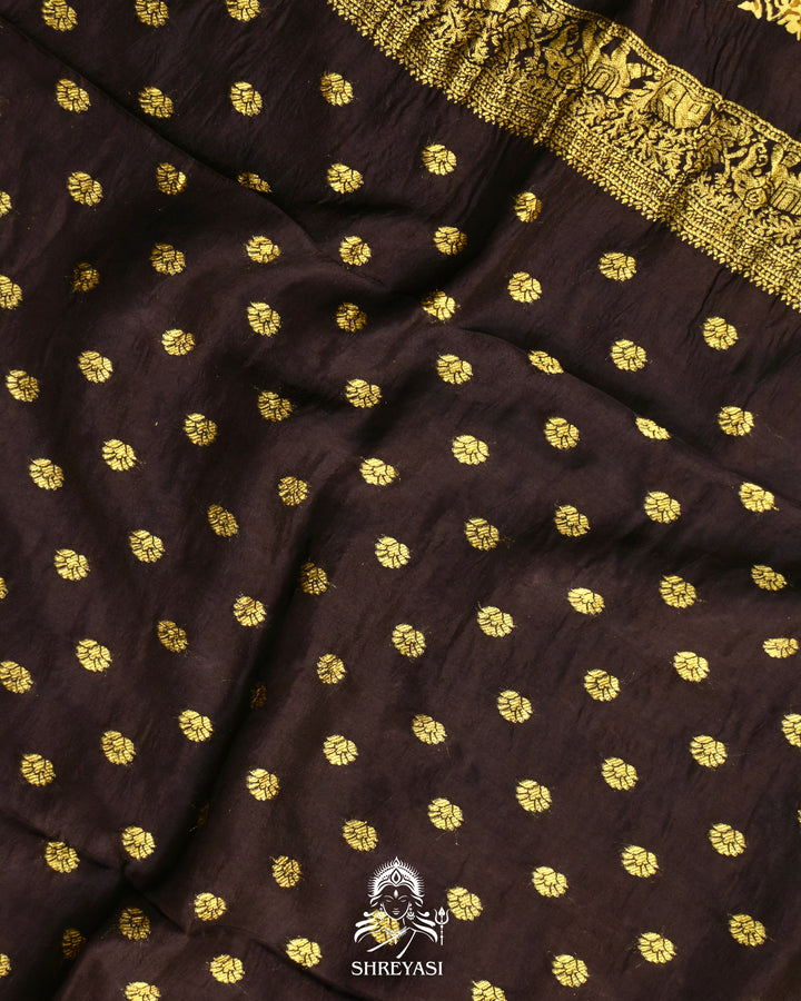 Hand Block Printed Ajrakh Dola Silk Saree with Zari Brocade Blouse