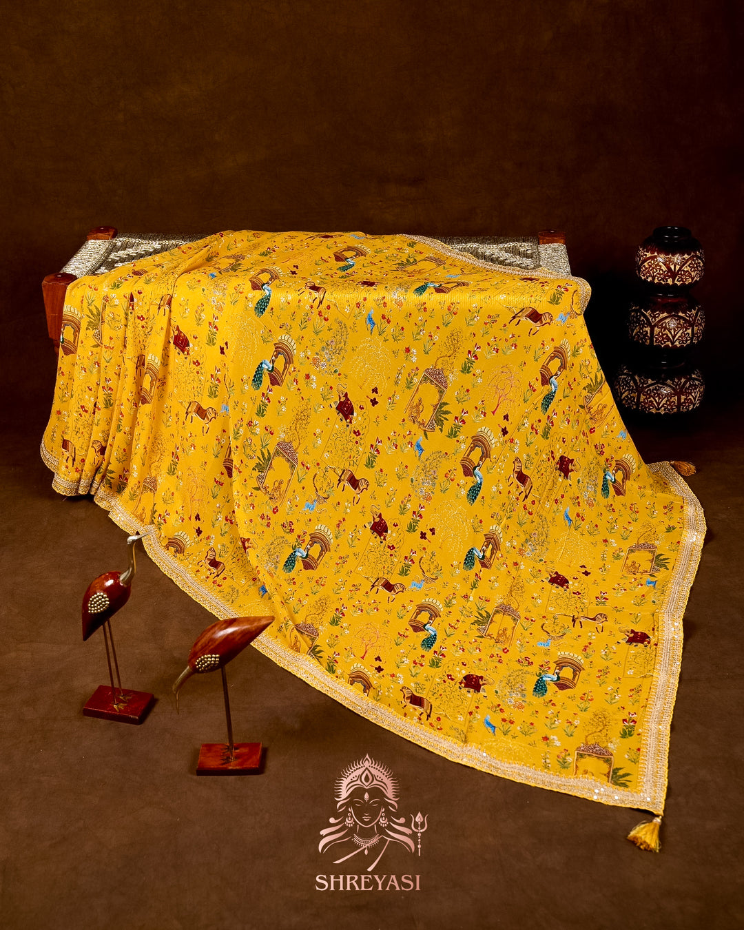 Mughal Garden Print Crepe Chinon Saree with Embroidered Border