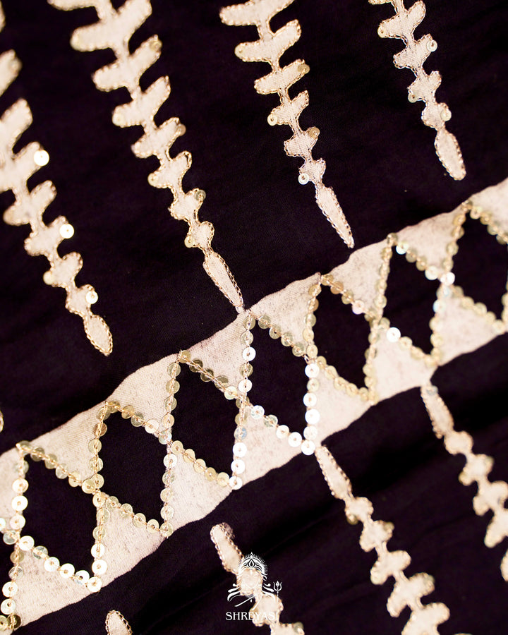 Handloom Pure Modal Silk Ajrakh Hand Block Printed Saree with Natural Dyes, All Over Aari Embroidery & Embroidered Borders
