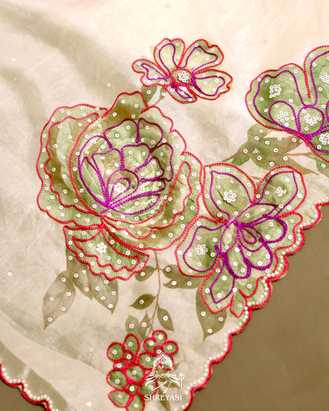 Glass Tissue Saree with Floral Print and  Embroidery