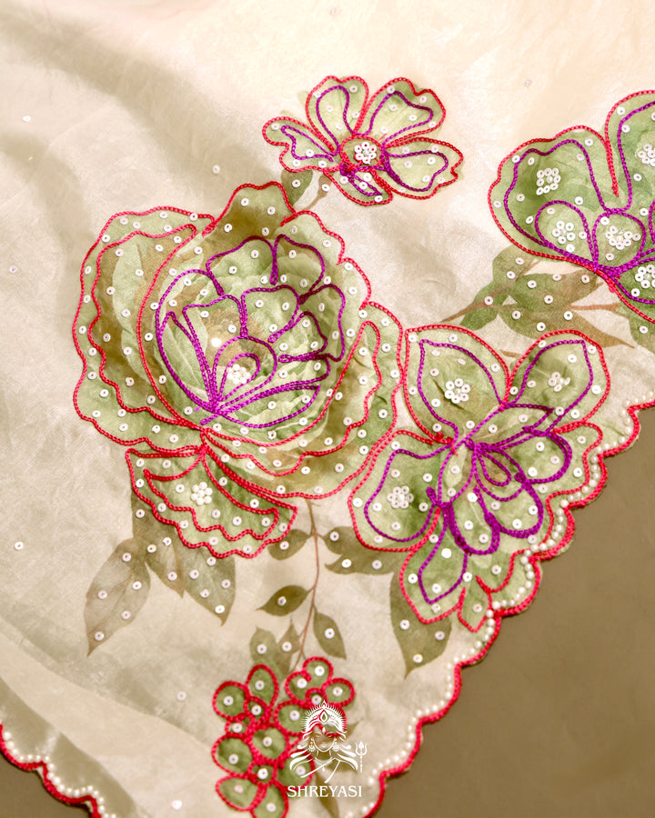 Glass Tissue Saree with Floral Print and  Embroidery