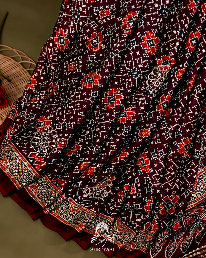 Pure Modal Silk Ajrakh Saree with Swarovski Crystal Embroidery