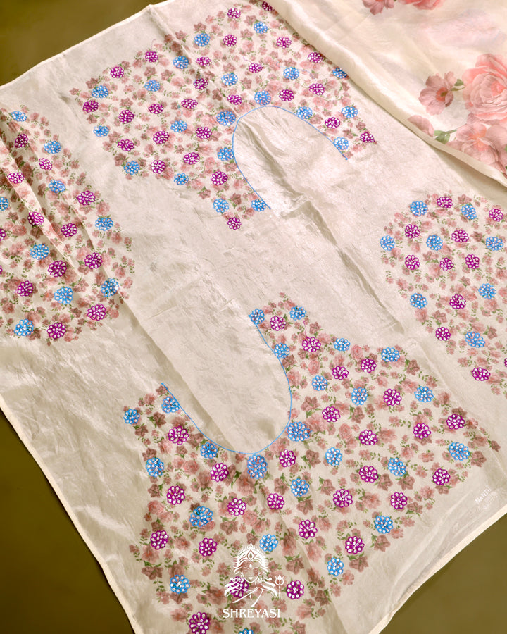 Glass Tissue Saree with Floral Print and  Embroidery